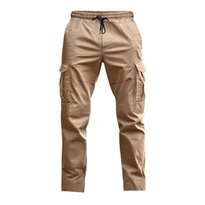 Front view of khaki tactical cargo pants featuring elastic waist and adjustable drawstring.