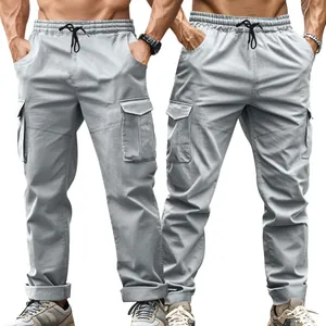 Front and side view detail of men's light gray tactical cargo pants with pockets.