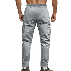 Back view of men's gray tactical cargo pants with elastic waist and large side pockets