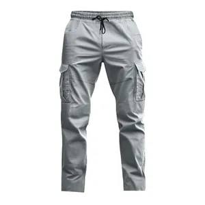 Front view of grey tactical cargo pants with drawstring waist and flap pockets