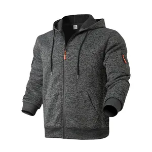 Detail view of men's heavy fleece gray hooded zip-up sweatshirt with sleeve pocket