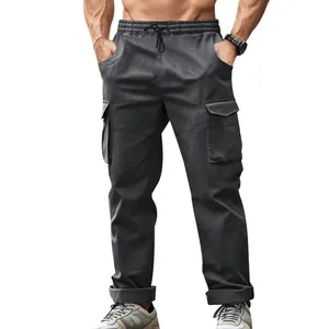 Dark grey men's tactical cargo pants with drawstring waist and large side pockets