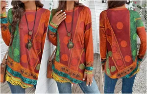 Langärmeliges Oberteil im Ethno-Stil für Damen mit leuchtenden orange-grünen Mustern