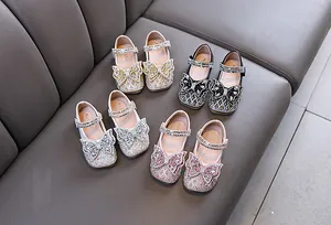 Zapatos de princesa Mary Jane para niñas con lazos de pedrería grandes y brillantes