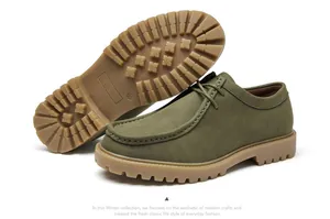 Detail view of men's olive green suede Wallabee shoes with thick rugged rubber gum soles