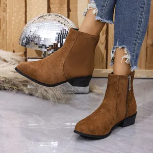 Damen Wildleder Blockabsatz Martin-Stiefel Spitzschuh Seitenreißverschluss Stiefeletten Retro Einfarbig Stiefel Herbst Winter