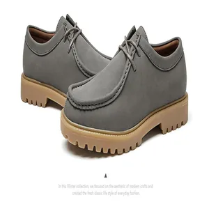 Detailed side view of classic grey suede Wallabee shoes with thick lugged tan soles