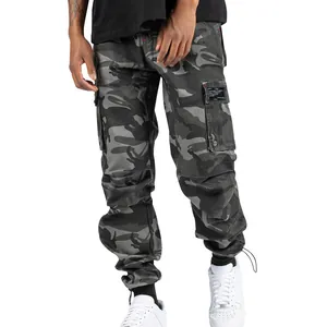 Detailed view of men's dark camouflage cargo jogger pants featuring multi-pocket design