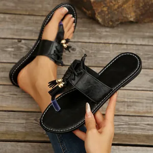 Damen Römische Zehenschlaufe Flache Sandalen Sommer Schnürsandalen Mit Quaste Und Metallperlen Böhmische Mikrofaser Leder Schuhe