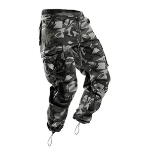 Detail view of men's grey camouflage cargo pants with multiple pockets and drawstring cuffs