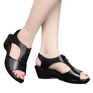 Elegantes sandalias de cuña negras para mujer con plataforma y cierre de cremallera
