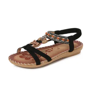 Bohemian flat sandals with floral patterns and rhinestones for summer casual wear