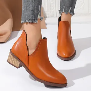 Dames Microvezel Leer Spitse Neus V-snede Enkellaarsjes Lage Blokhak Instappers Martin Boots Mode Effen Kleur Grote Maten Schoenen