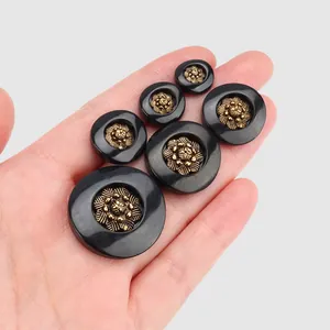 High-end black nylon buttons with vintage gold floral centerpiece in multiple sizes