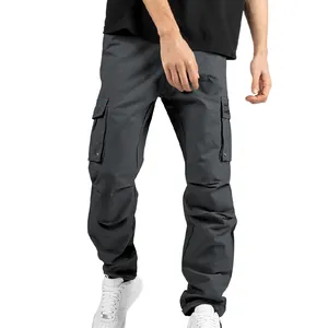 Men's multi-pocket cargo pants in dark grey with a loose fit and beam foot design