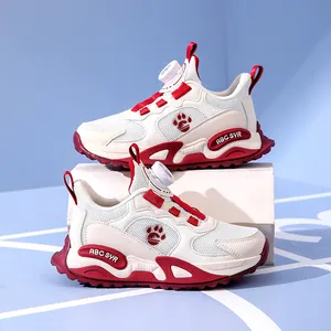 Chaussures de course respirantes pour garçons avec boucle rotative en blanc et rouge