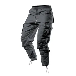 Professional view of men's multi-pocket cargo pants in dark grey featuring jogger style cuffs.