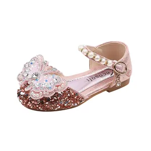 Pink glitter princess shoes for girls with rhinestone butterfly and pearl strap