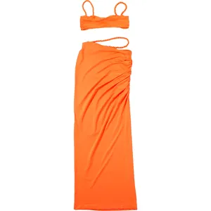 Sexy leuchtend oranges zweiteiliges Set mit gerafftem Crop-Top und langem Bodycon-Maxirock