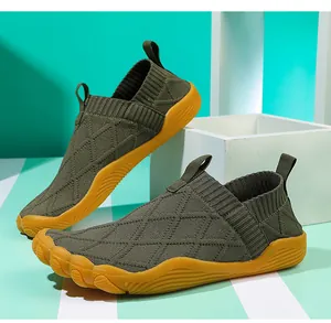 Olive green flyknit barefoot shoes with flexible gum sole for outdoor hiking