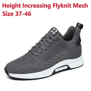 Men's Breathable Linen Flyknit Running Shoes Invisible Height Increasing Casual Sports Sneakers Lace Up Non Slip Wear Resistant Lightweight Fashion Footwear Grey