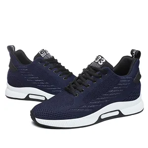 Men's navy blue breathable fly-knit sneakers with 8cm hidden height increase and white soles