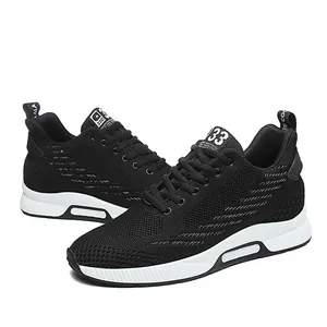 Black breathable flyknit running shoes for men with a hidden 8cm heightening sole
