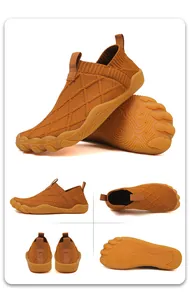 Multi-angle details of brown flyknit barefoot shoes with flexible wide-toe sole