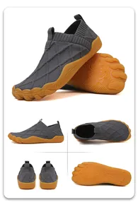 Multi-angle detail views of lightweight grey fly-knit barefoot shoes with wide toe box.