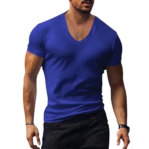 T-shirt homme ajusté à col en V et manches courtes en bleu roi uni style été