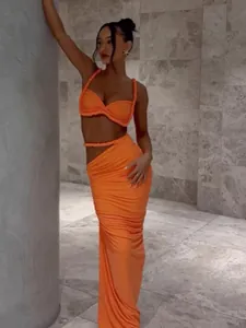 Damen Sexy Rückenfreies Gerafftes Top Und Maxi Rock Set Farbverlauf Bedrucktes Bodycon Zwei Teile Outfits Für Sommer Club Party