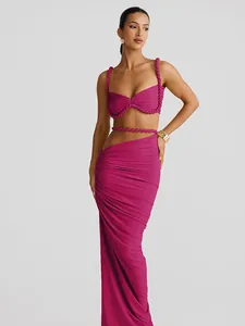 Elegantes sexiges fuchsia rückenfreies Camisole- und Bodycon-Maxirock-Set mit Seildetail