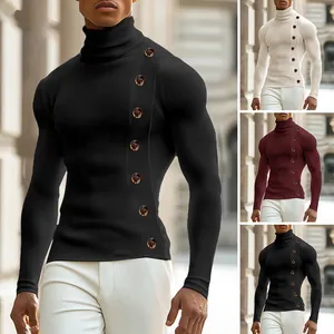 Men's Slim Fit Turtleneck Ribbed Knit Top Casual Solid Color Long Sleeve T-Shirt with Side Button Decoration