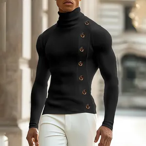 Men's slim black turtleneck knit shirt with decorative side buttons in urban setting