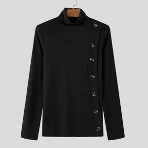 Detail view of men's turtleneck knit shirt featuring decorative side buttons and ribbed texture
