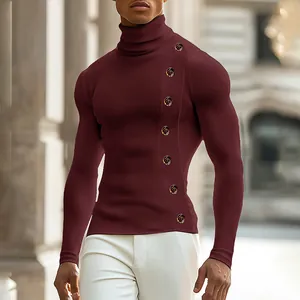 Detail view of men's burgundy ribbed turtleneck shirt with side button decoration.
