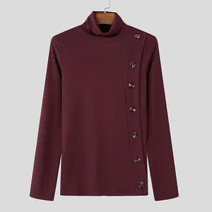 Detailed view of the side button design and rib-knit fabric on men's burgundy turtleneck