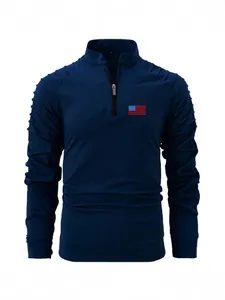 Navy blue men's casual long sleeve half-zip polo shirt with pleated sleeve detailing