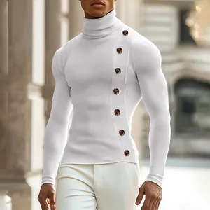 Close-up of white slim fit men's turtleneck sweater featuring decorative side buttons