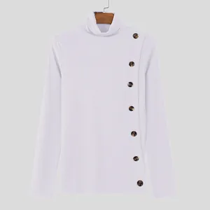 White slim fit men's turtleneck knit shirt featuring decorative side buttons detail