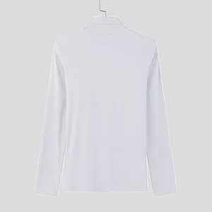 Back view of men's minimalist slim fit white long sleeve turtleneck knit t-shirt base layer