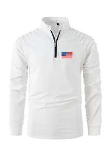Men's white long-sleeve polo shirt featuring pleated arm details and chest flag logo