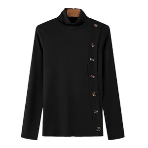 Men's slim fit black turtleneck knit shirt featuring unique decorative side buttons