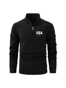 Polo negro de hombre con cremallera, logo USA y detalles de hombros plisados deportivos