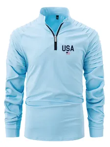 Polo de manga larga para hombre en azul claro con cremallera, logo USA y pliegues.