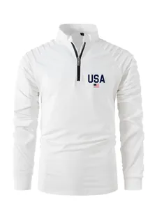 Elegante polo blanco de manga larga para hombre con cremallera, logo USA y mangas plisadas