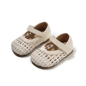 Elegant cream woven toddler princess shoes with breathable hollow design and velcro strap
