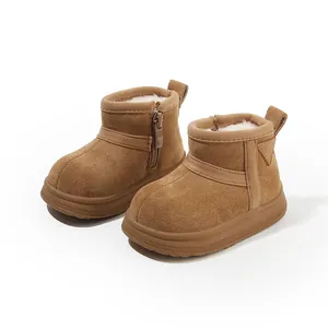 Cozy brown fleece-lined baby winter snow boots with side zipper for toddlers and kids