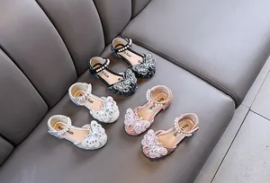 Sparkling girls princess shoes with butterfly rhinestones and pearl straps in three elegant colors