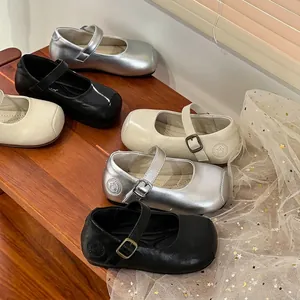 Elegantes zapatos de princesa Mary Jane de cuero para niñas en plata negro y crema